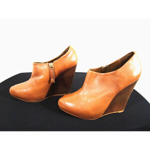 Zara Collection Tan Brown Leather Wood Wedge Heel Booties Women Sz 39 EU/8 US